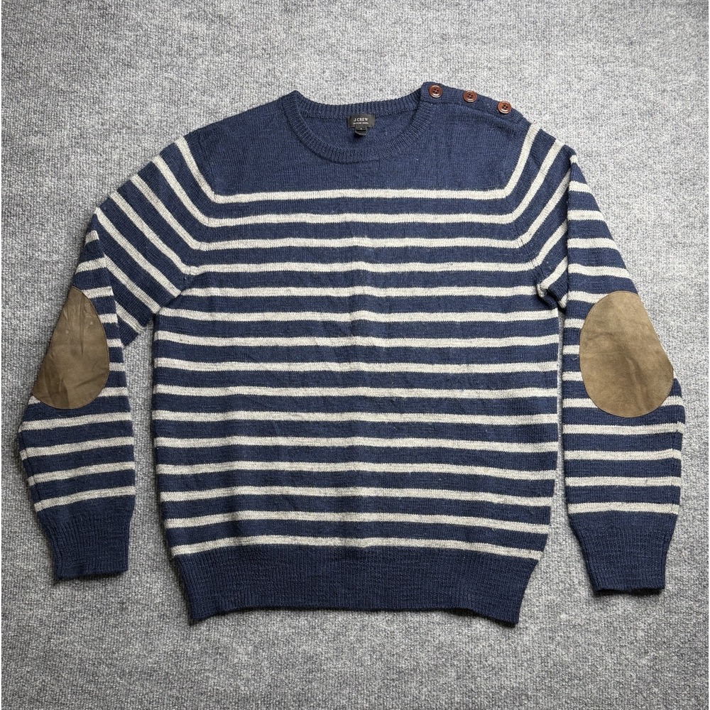 J Crew Stripped Pullover Sweater 100% Merino Wool blue Elbow Patch Size S preppy - Picture 1 of 9